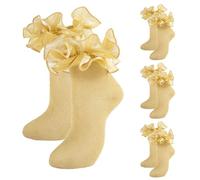 MKYSZLT Women Gold Glittery Ruffle Ankle Socks,Adult Double Lace Golden Sparkling Frilly Socks with Ruffles Cute Ruffled Bobby Dress Sock for Woman, 4 Pairs/Size 6-11