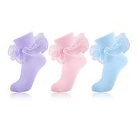 MKYSZLT Women's Big Ruffle Ankle Cuff Socks, Double Lace Cute Adult Cotton Frilly Bobby Socks, 3 Pairs - Pink,purple,light Blue, One size