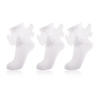MKYSZLT Women's Big Ruffle Ankle Socks Double Lace Turn Cuff Socks,Cute Adult Cotton Ruffled Socks Frilly Socks Bobby Socks, White - 3 Pairs, One size