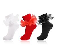 MKYSZLT Women's Big Ruffle Ankle Socks Double Lace Turn Cuff Socks,Cute Adult Cotton Ruffled Socks Frilly Socks Bobby Socks, Black + White + Red, One size