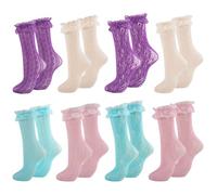 MKYSZLT Womens Lace Ankle Socks Ruffle Frilly Dress Socks Sexy Mesh Lace Trim Lolita Sock Lacy Ruffled Bootie Sock for Woman, 8 Pairs - Purple, Blue, Yellow, Pink, One Size