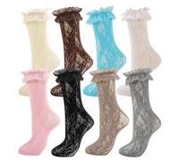 MKYSZLT Womens Lace Ankle Socks Ruffle Frilly Dress Socks Sexy Mesh Lace Trim Lolita Sock Lacy Ruffled Bootie Sock for Woman, 8 Pairs - Pink,gray,white,blue,black,off White,brown,dark Brown, One Size