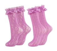 MKYSZLT Womens Lace Ankle Socks Ruffle Frilly Dress Socks Sexy Mesh Lace Trim Lolita Sock Lacy Ruffled Bootie Sock for Woman, Purple - 2 Pairs, One size
