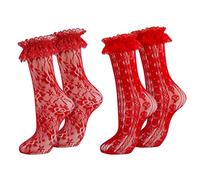MKYSZLT Womens Lace Ankle Socks Ruffle Frilly Socks,Sexy Mesh Lace Trim Socks Lolita Socks,Lace Ankle High Socks for Women, Red - 2 Pairs, One size