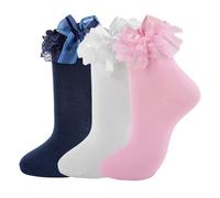 MKYSZLT Womens Ruffle Socks with Bow Cute Frilly Lace Ankle Socks Adult Fancy Dress Sock Princess Lolita Bobby Sock Big Girls, White,pink,navy - 3 Pairs, One size
