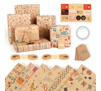 MLABINYA 6 Sheets Kraft Wrapping Paper Set with Tags and String, Mixed Pattern Birthday Gift Wrap 50x70cm, Colourful Recyclable Paper for Christmas, Mother's Day, Father's Day, Wedding