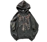 MLAFE Gothic Hooded Sweater Retro Bone Print Hooded sweatshirt Y2K zip-up jacket Grunge Hooded Sweater Harajuku upper garment, Grey, XL