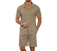 MLANM Men's 2 Piece Short Sets Casual Button Down Shirt and Shorts Set Knit Polo Set Vintage Summer Beach Outfits Loose Tracksuits,L Khaki