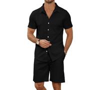 MLANM Men's 2 Piece Short Sets Casual Button Down Shirt and Shorts Set Knit Polo Set Vintage Summer Beach Outfits Loose Tracksuits,M Black