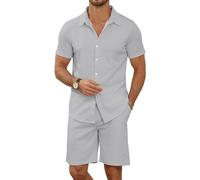MLANM Men's 2 Piece Short Sets Casual Button Down Shirt and Shorts Set Knit Polo Set Vintage Summer Beach Outfits Loose Tracksuits,XXL Grey