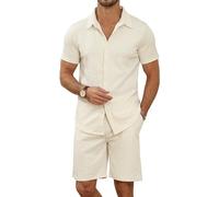 MLANM Men's 2 Piece Short Sets Casual Button Down Shirt and Shorts Set Knit Polo Set Vintage Summer Beach Outfits Loose Tracksuits,M Beige