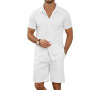 MLANM Men's 2 Piece Short Sets Casual Button Down Shirt and Shorts Set Knit Polo Set Vintage Summer Beach Outfits Loose Tracksuits,XL White
