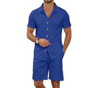 MLANM Men's 2 Piece Short Sets Tracksuits Casual Button Down Shirt and Shorts Set Knit Polo Set Vintage Summer Beach Outfits Loose Tracksuits,XXL Royal Blue