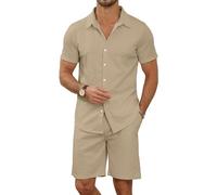 MLANM Men's 2 Piece Short Sets Tracksuits Casual Button Down Shirt and Shorts Set Knit Polo Set Vintage Summer Beach Outfits Loose Tracksuits,XXL Apricot