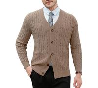 MLANM Mens Cardigan Chunky Knitted Jacket Long Sleeve Cable Knit Cardigan Casual Shawl Collar Buttoned Knitwear Overcoat Winter Outerwear V Neck Jumpers with Mock Pocket s, Flower Khaki XL