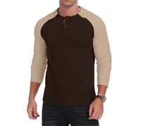 MLANM Mens Henley Long Sleeve Button Crew Neck Pullover Vintage Slim Fit Sweatshirt Fashion Soft Lightweight Casual Classic Work Grandad Shirt, Brown+Khaki S