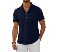 MLANM Men's Linen Shirt Short Sleeve Grandad Collar Turn-Down Collar Polos Shirts Men Solid Color Casual Henley Shirt Button Up Summer Beach Holiday Button Down Tops with Pocket, Navy XL