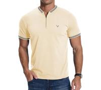 MLANM Men's T-Shirt Summer Zip Henley Short Sleeve Shirt Front Deer Head Embroidery Casual Cotton Men's Tops,XXL Apricot