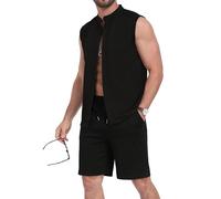 MLANM Men's Vacation Tracksuit Sets Crew Neck Collared Sleeveless Button Down Polo Shirt & Shorts 2 Pieces Summer Outfits Suit Activewear Sweatsuits Clothing Fashion Casual Loungewear Sets, Black XXL