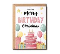 MLDDesigns Happy Merry Birthday Christmas Card - Funny December Birthday Holiday Card - Cute Christmas Celebration - Gift For Friends Family
