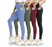 Mlenhor 4 Pack Leggings with Pockets for Women - Soft High Waisted Tummy Control Workout Yoga Pants, 4 Pack-light Blue/Green/Burgundy/Black, Large
