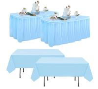 MLETULIPS 4 Pcs Plastic Table Skirts and Stain Proof Table Cloths 54 x 108 in Plastic Tablecloth Multi Pack 168 x 29 in Table Skirts Disposable for Wedding Birthday Easter Party (light blue)