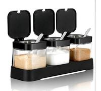 Mlici 9 oz Condiments Container Seasoning Jars, Kitchen Spicy Jars with Lids and Spoons, Tea Coffee Sugar Canisters Glass Spice Box, Set of 3 for Coffee Shop - Black