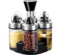 Mlici Oil and Vinegar Dispenser Set of 6 Bottles, Stainless Steel Salt Pepper Holder with 360° Rotating Holder, Cruet Soy Sauce - Premium Glass Condiment for Kitchen, Tabletop, Kitchen Containers