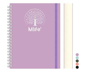 Mlife A4 Notebook,300 Pages Spiral Notebook A4,PVC Hardcover with Tree of Life Print,100g/M² Inkproof Paper,Expandable Pockets,Elastic Bands, for Women,Men,21 * 28cm- Purple
