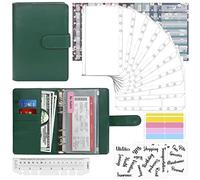 Mlife Budget Binder Set - 28pcs Leather Ring Binder Notebook with Clear Cash Envelopes,Budget Sheets and Label Stickers,Cash Organizer Money Saving Binder for Travel and Diary Dark Green