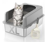 MLIKLU Stainless Steel Cat Litter Box, Extra Large Enclosed Litter Boxs for Big Cats, XL Metal Cat Litter Box with Lid, High Sided, Non Stick, No Smell, Easy to Clean, Included Scoop