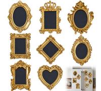 MLIYYBE 8PCS Magnetic Picture Frames for Refrigerator, Small Vintage Gold Picture Frame Baroque Victorian Style, Antique Resin Hangable Photo Frames with Hooks & Magnets for Fridge Wall Home Decor