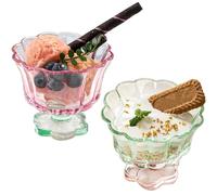 MLKLDOU Glass Dessert Bowls，Footed Ice Cream Bowls 8 oz Mini Drinking Glass Cups 2 Pack Flower Petal Style Glasses, Suitable for Ice Cream, Cocktails,Dessert,Juice (Pink & Green)