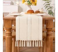 MLMC Boho Rustic Linen Table Runner with Handmade Tassels Beige Cream Woven Embroidered Macrame 90 x 13 inches for Dining Living Room Wedding Events Decor