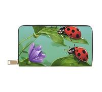 Mlmnbvc Long PU Leather Wallet with Zipper for Women Men Summer Large Capacity Clutch Purse for Cards Cash Coins Organizer - ladybug and green leaves, White, One Size, Casual
