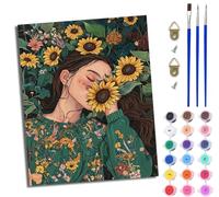 MLNMENG Paint by Numbers for Adults DIY Painting by Numbers Kits with Acrylic Paints Pre Printed Canvas and Brushes Gift Wall Decor 16x20 inch Without Frame Woman in a Sunflower Field