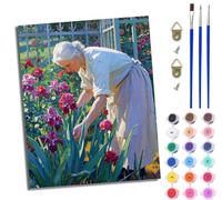 MLNMENG Paint by Numbers for Adults DIY Painting by Numbers Kits with Acrylic Paints Pre Printed Canvas and Brushes Gift Wall Decor 16x20 inch Without Frame an Old Woman Tending Flowers in the Garden