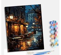 MLNMENG Paint by Numbers for Adults DIY Painting by Numbers Kits with Acrylic Paints Pre Printed Canvas and Brushes Gift Wall Decor 16x20 inch with frameStreet-Side cafes on a Rainy Night