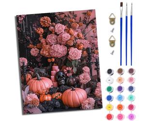 MLNMENG Paint by Numbers for Adults DIY Painting by Numbers Kits with Acrylic Paints Pre Printed Canvas and Brushes Gift Wall Decor 16x20 inch Without Frame Halloween Pink Pumpkin Skull