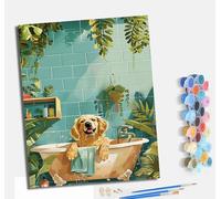 MLNMENG Paint by Numbers Paint by Numbers for Adults Beginners Adults Paint by Numbers with Paint Brushes DIY Painting for Home Decoration Without Frame Golden Retriever Taking a Bath in The Bathtub