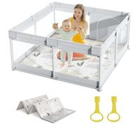 Mloong Baby Playpen with Mattress, 120 x 120 cm, Small Baby Playpen with Mat, Playpen for Apartment, Playpen with Breathable Mesh on Four Sides and Suction Cups (Light Grey)