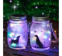 MLOQI 2 Pack Solar Hanging Lanterns Outdoor Dog Silhouette,Solar Garden Lanterns Fairy Garden Ornaments Outdoor Mason Jar Lights