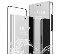 MLOTECH Case for Samsung A71 + Tempered Glass Screen Protector Flip Clear View Translucent Mirror Cover Stand 360° Shockproof Smart Cover Bumper Silver