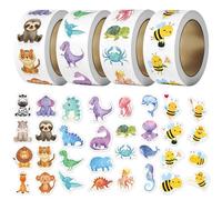 MLPKOI 2000 Pcs Cute Animal Stickers for Children, Reward Stickers for Kids, Sticker Roll Bee Shark Farm Dinosaur, Round Label Sticker for Birthday, Baby Shower, Teacher Reward Decoration (4 Rolls)