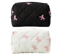 MLPKOI 2PCS Small Makeup Bag for Handbag, Travel Cosmetic Storage Organizer Portable Makeup Bag with Metal Zipper Bow & Pearl Pendant for Women, Girls & Kids (Pink and Black)