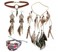 MLPKOI 4Pcs Indian Jewellery Sets, Head Dress Jewelry Set Leather Pendant Choker Necklace Bracelet and Feather Dangle Earrings, Vintage Hippie Tribal Bohemian Jewelry for Women Party Festiva Cosplay