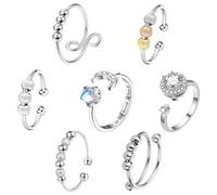 MLPKOI 7PCS Anxiety Ring for Women, Stress Spinner Rings with Beads Adjustable Open Spinner Rings Star Moon Spinner Fidget Ring for Anxiety Women