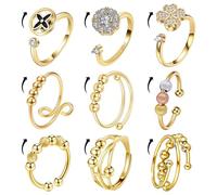 MLPKOI 9PCS Anxiety Ring for Women, Stress Spinner Rings with Beads Adjustable Open Spinner Rings for Anti Stress for Anxiety Women Gold