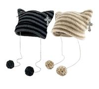 MLPKOI Cat Ear Beanie, Crochet Knitted Hats for Women, Cat Beanie, Winter Hats for Women, Cats Hat for Womens, Cute Stripes Cats Beanies, Winter Ear Hat, Emo Accessories, Beanies Multicolour