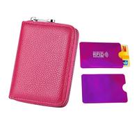 MLPKOI Credit Card Holders & 2 RFID Blocking Cards, Ccard Wallet with Stainless Steel Zipper, Leather Accordion Card Case with 20 Durable Plastic Insert Sleeves, RFID Wallet Purse for Women (Rose Red)